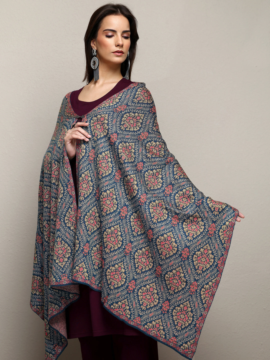 Blue Woven Design Wool Wrap Shawl 