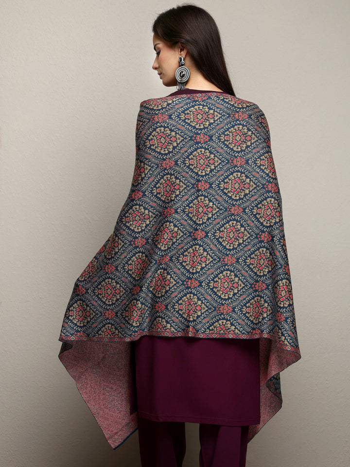Blue Woven Design Wool Wrap Shawl 