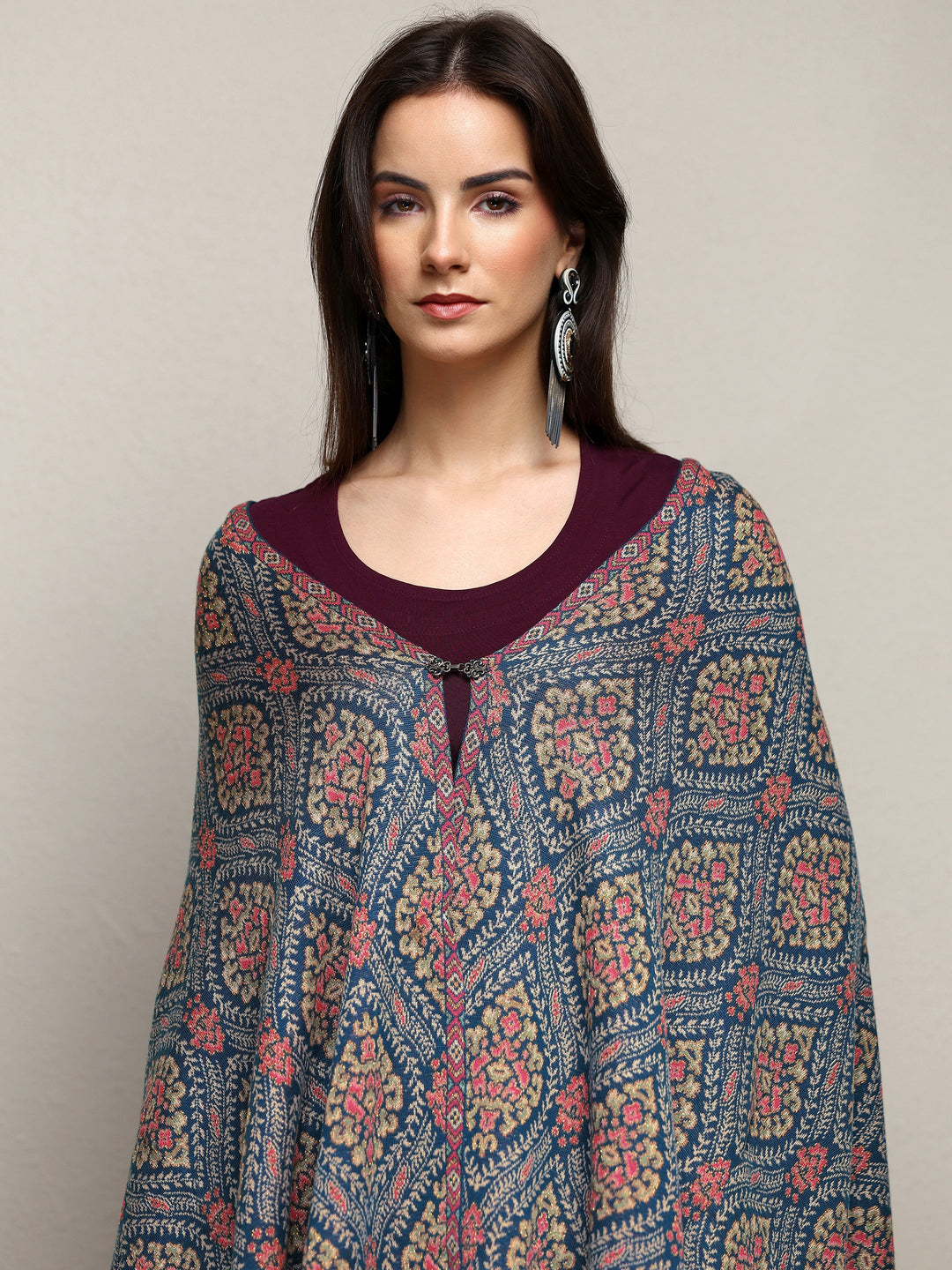 Blue Woven Design Wool Wrap Shawl 