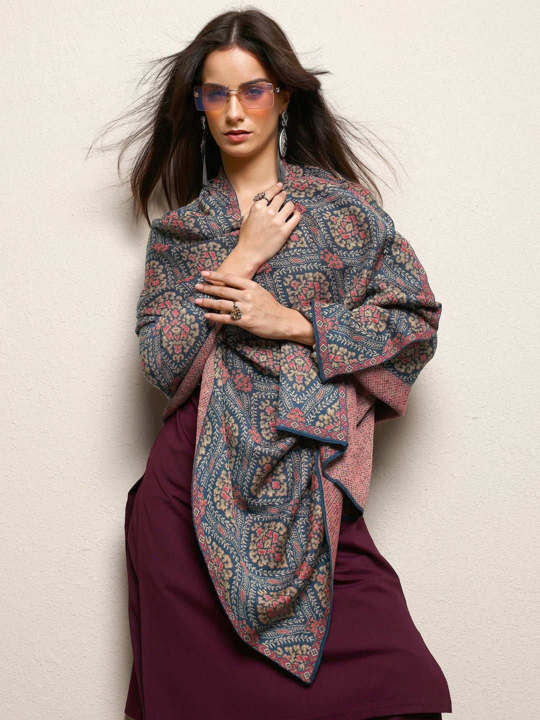 Blue Woven Design Wool Wrap Shawl 