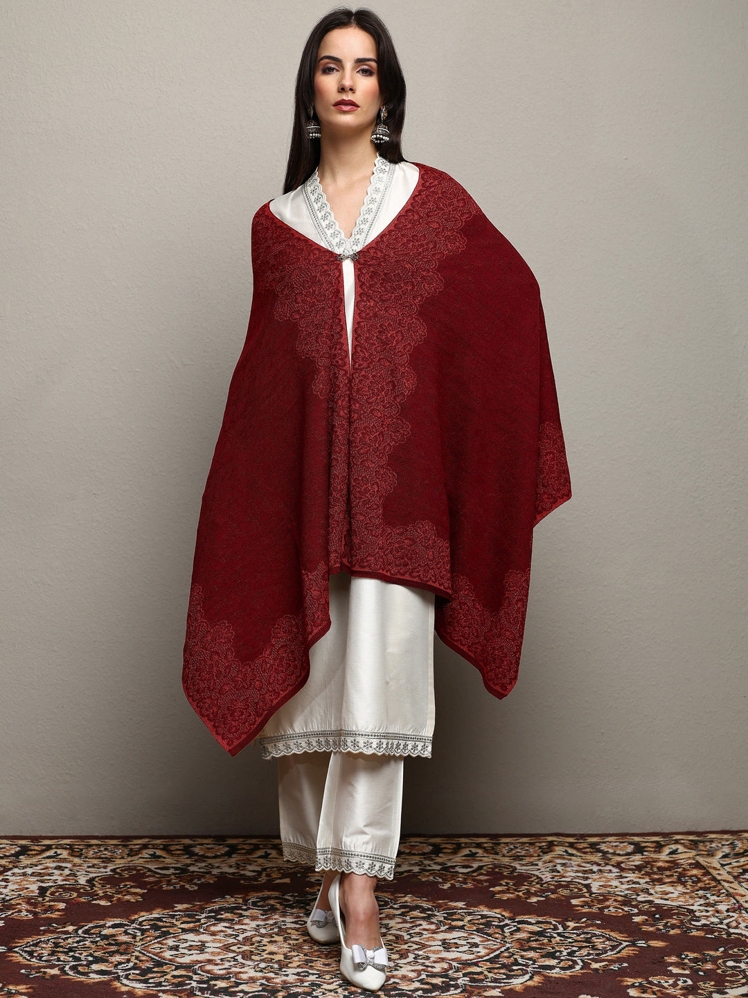 Maroon Woven Design Wool Wrap Shawl 