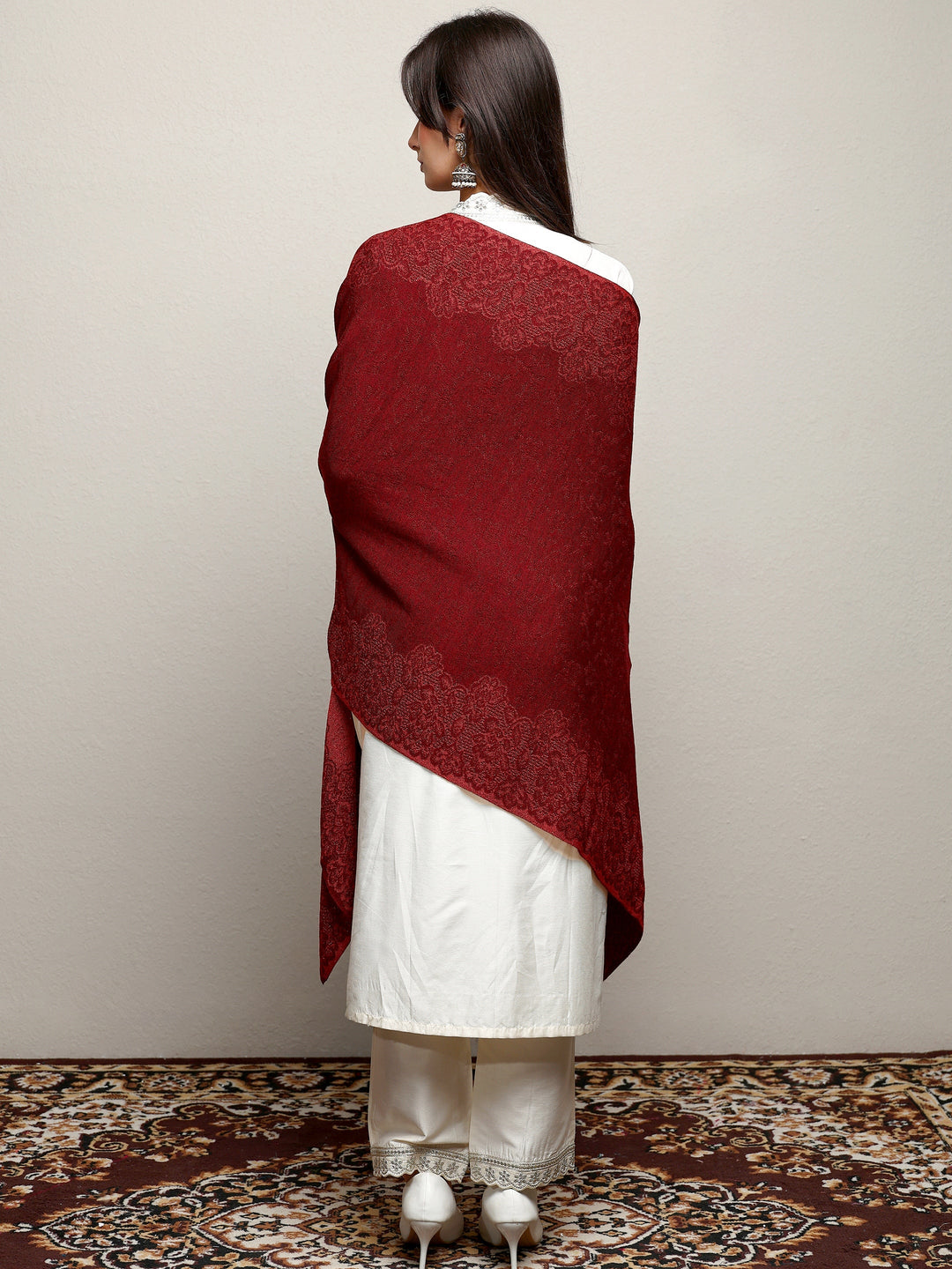 Maroon Woven Design Wool Wrap Shawl 