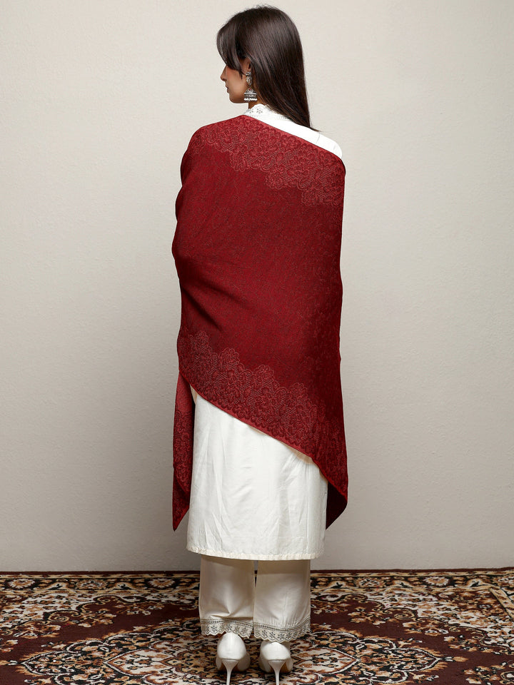 Maroon Woven Design Wool Wrap Shawl 