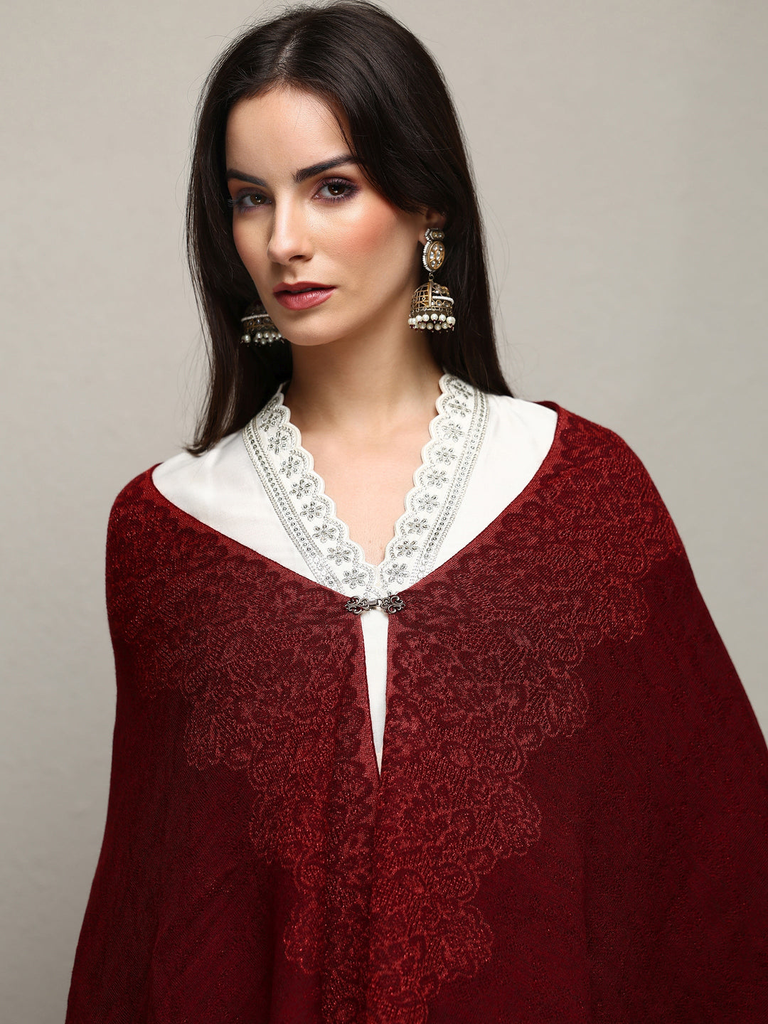 Maroon Woven Design Wool Wrap Shawl 