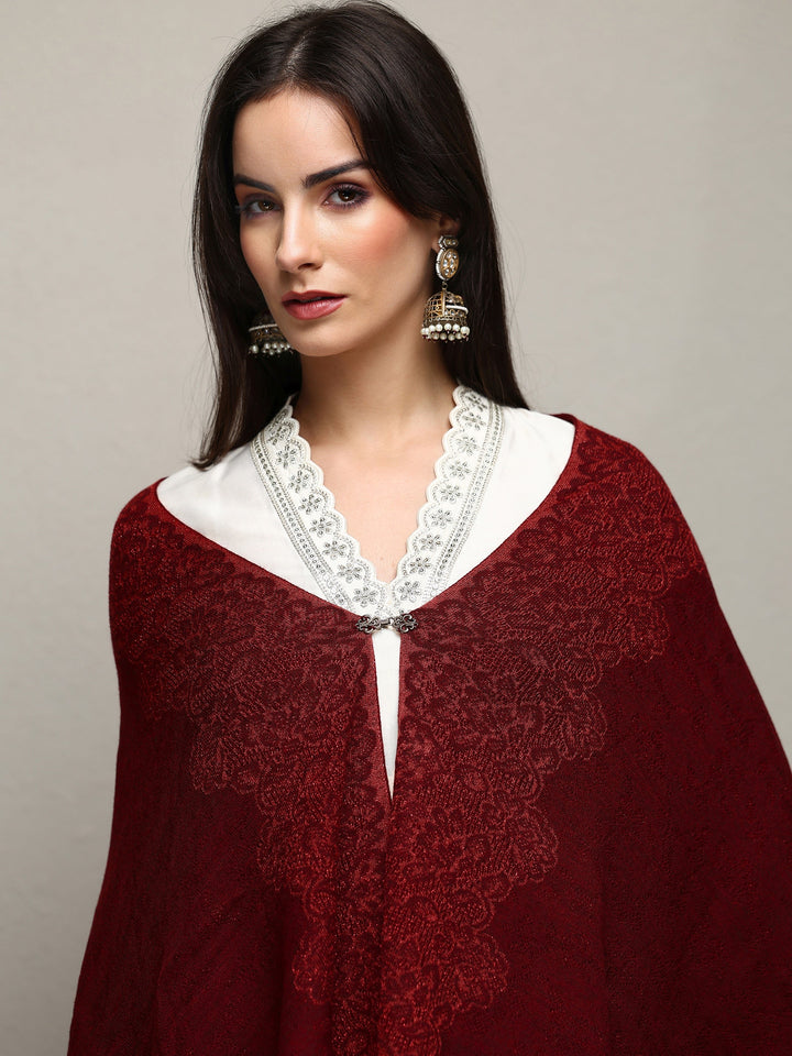 Maroon Woven Design Wool Wrap Shawl 