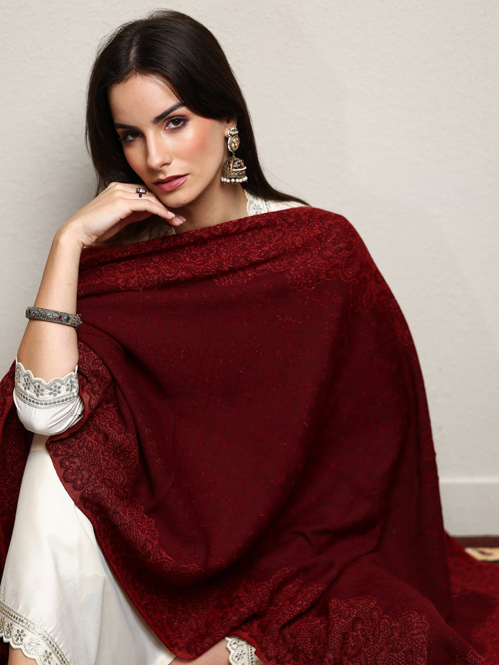Maroon Woven Design Wool Wrap Shawl 