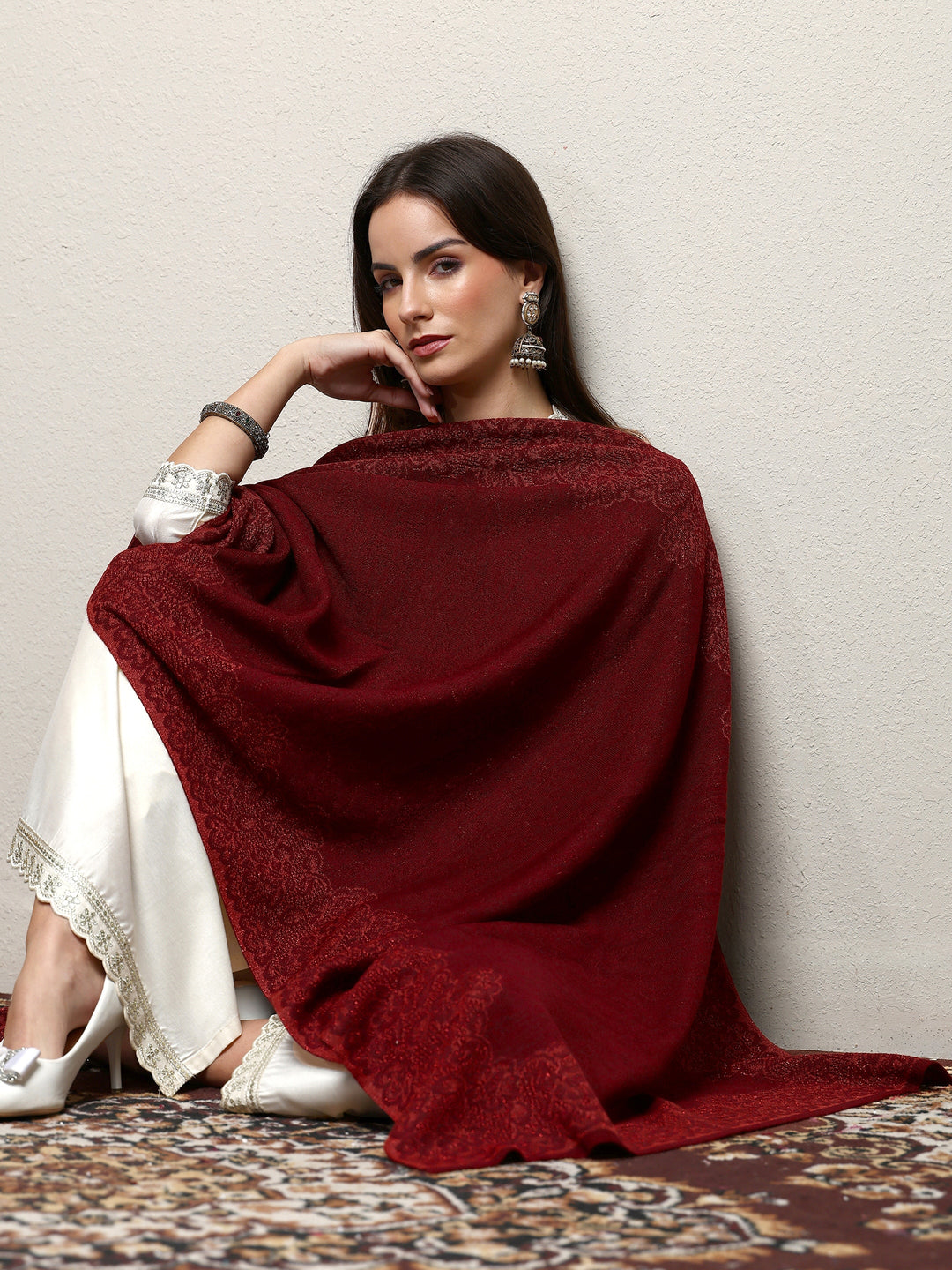 Maroon Woven Design Wool Wrap Shawl 
