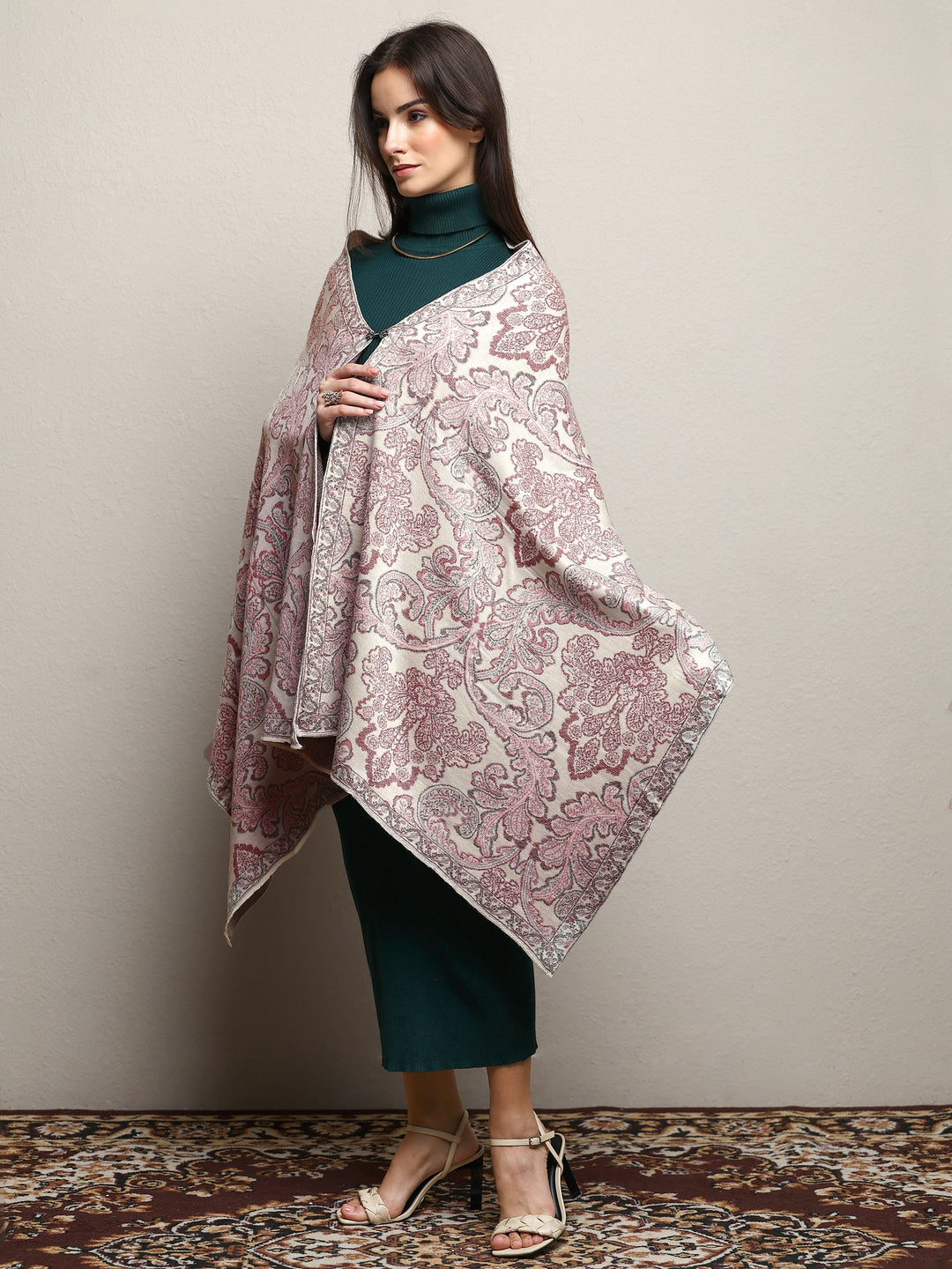 Off White Woven Design Wool Wrap Shawl 