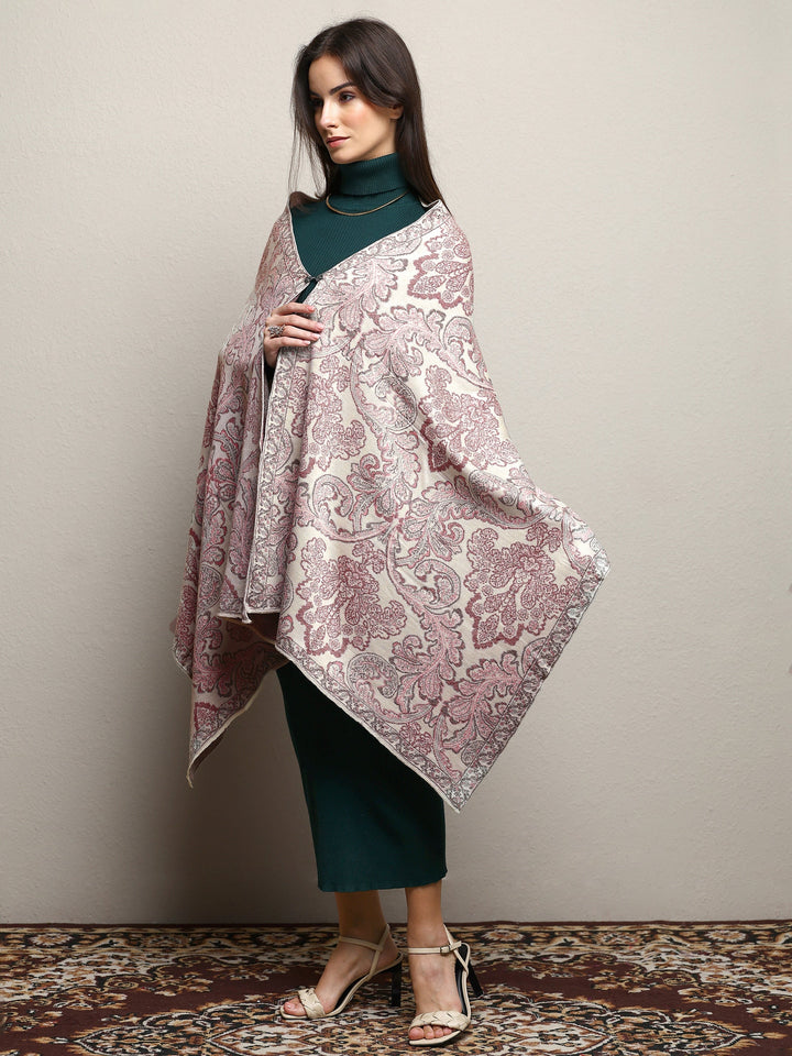 Off White Woven Design Wool Wrap Shawl 