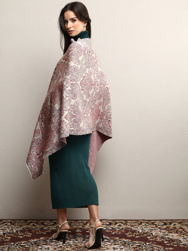 Off White Woven Design Wool Wrap Shawl 