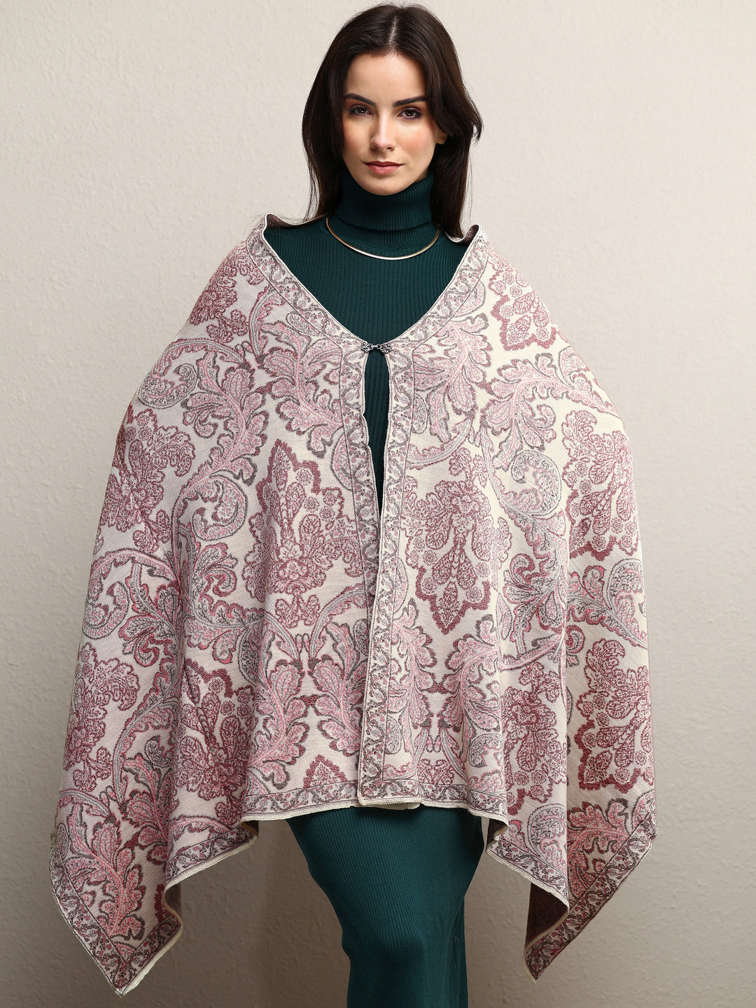 Off White Woven Design Wool Wrap Shawl 