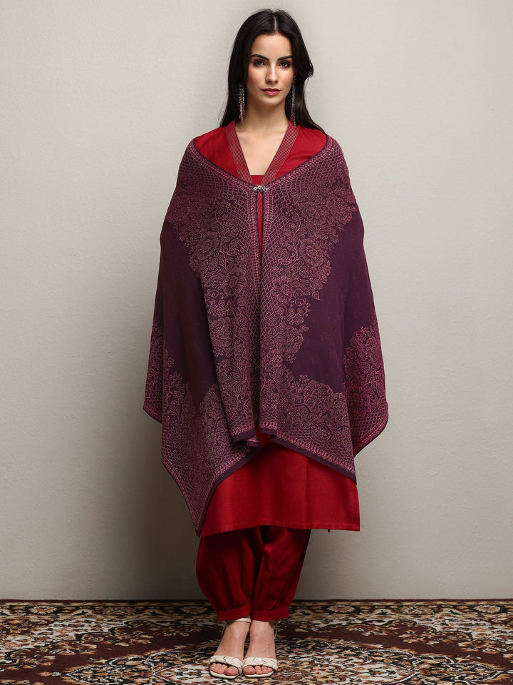 Burgundy Woven Design Wool Wrap Shawl 