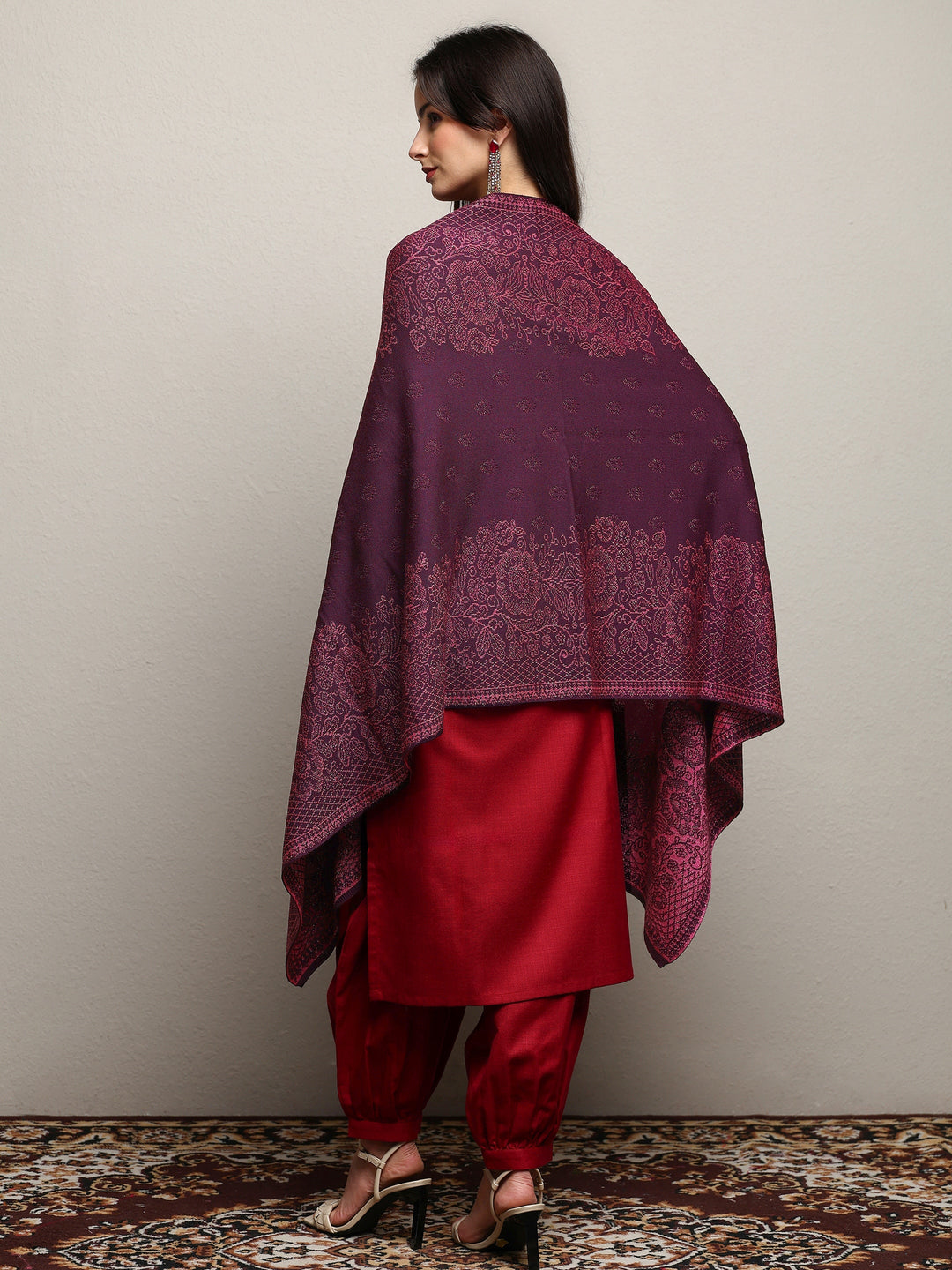 Burgundy Woven Design Wool Wrap Shawl 