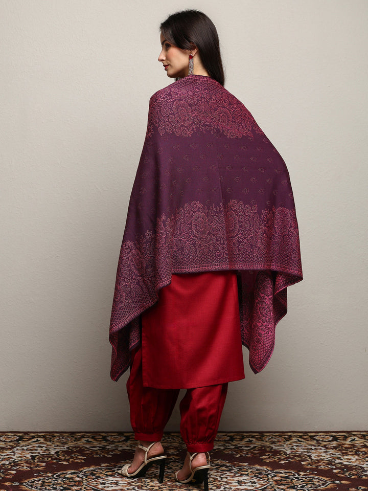 Burgundy Woven Design Wool Wrap Shawl 