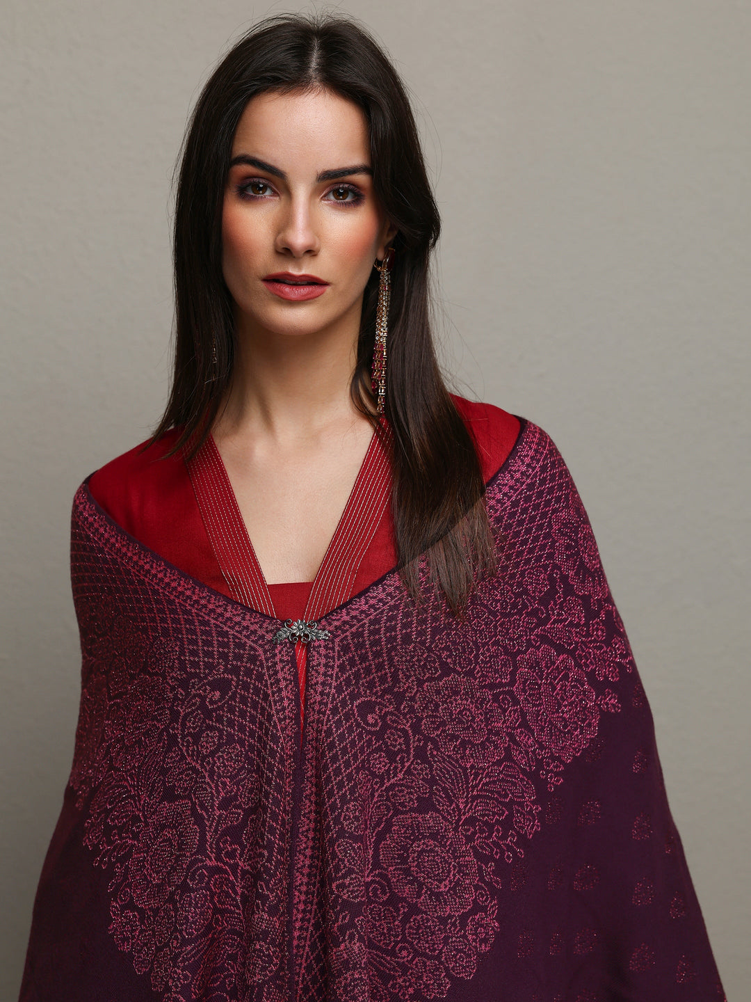 Burgundy Woven Design Wool Wrap Shawl 