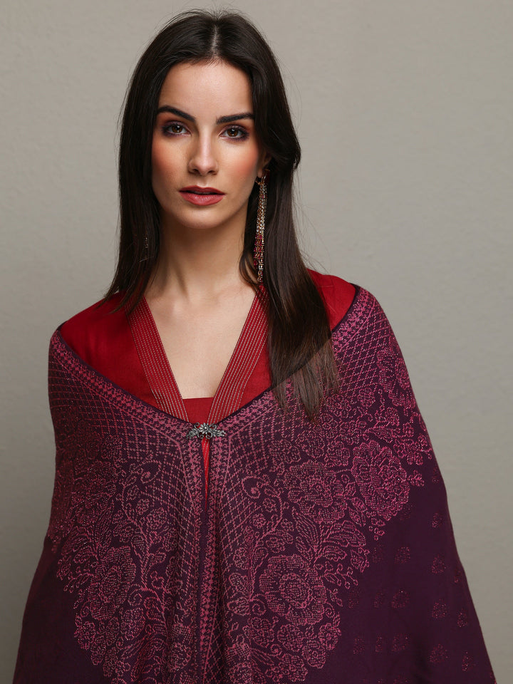 Burgundy Woven Design Wool Wrap Shawl 