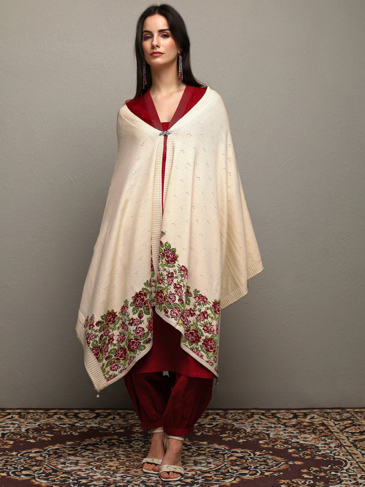 Off White Woven Design Wool Wrap Shawl 