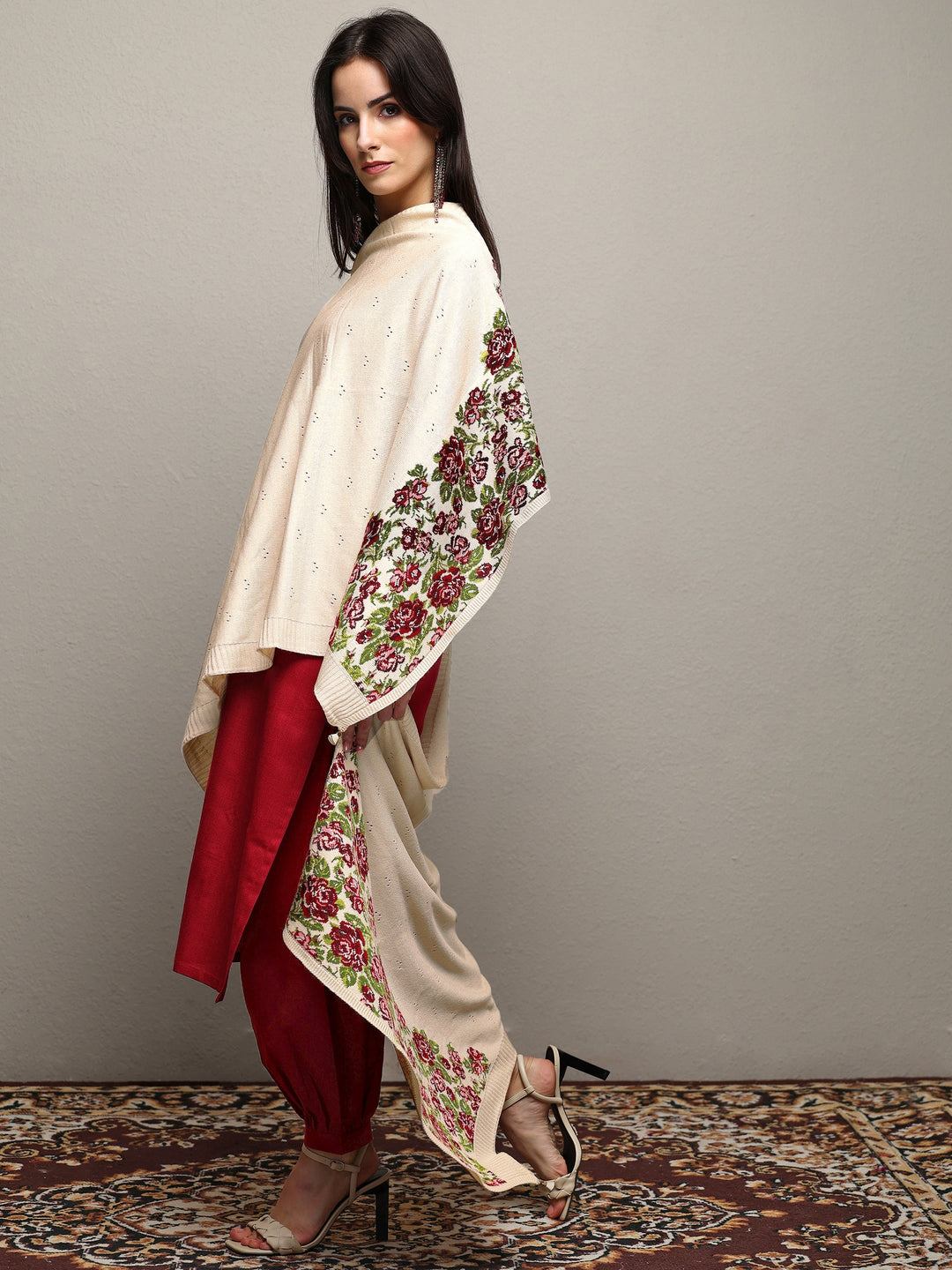 Off White Woven Design Wool Wrap Shawl 