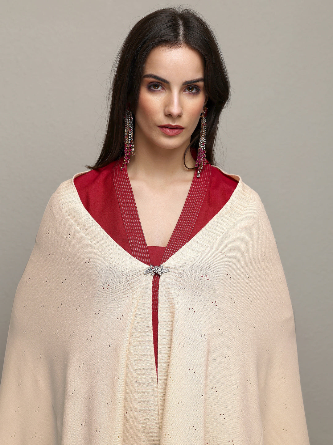 Off White Woven Design Wool Wrap Shawl 