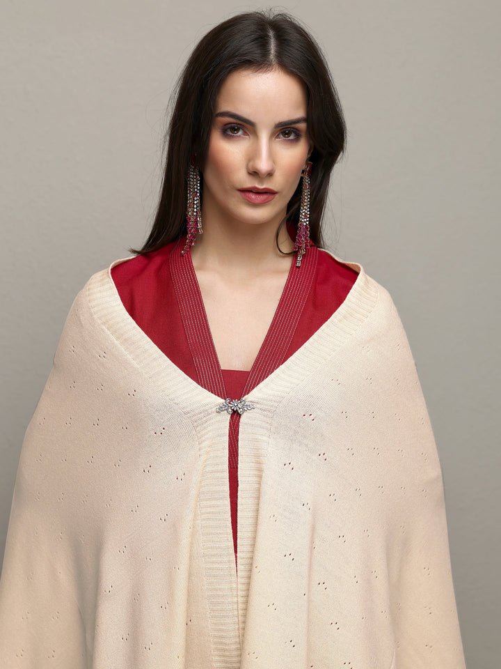 Off White Woven Design Wool Wrap Shawl 