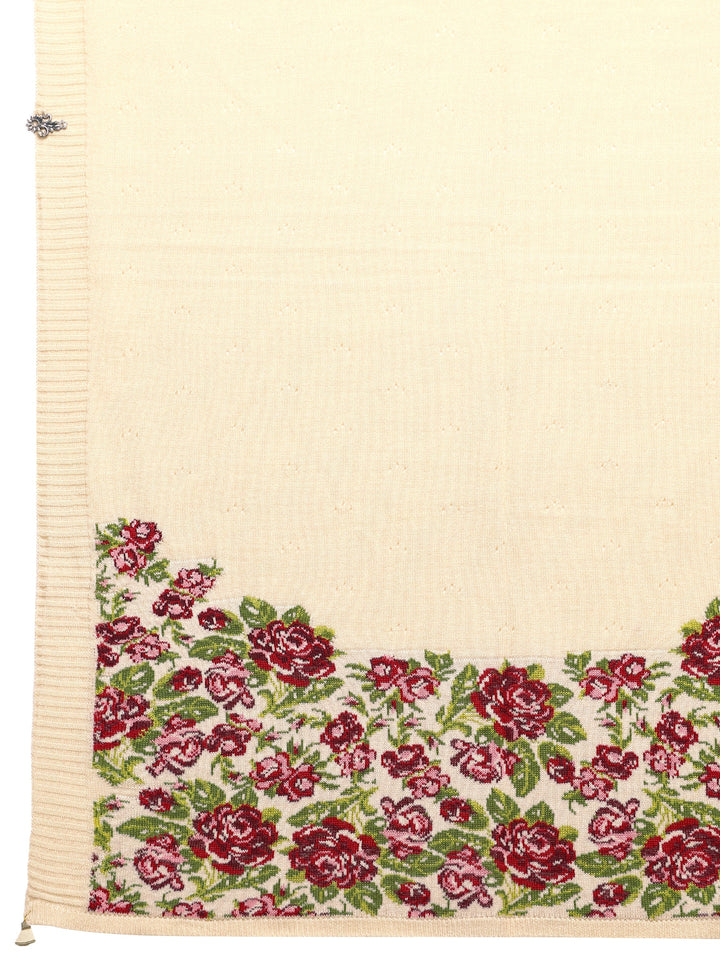 Off White Woven Design Wool Wrap Shawl 