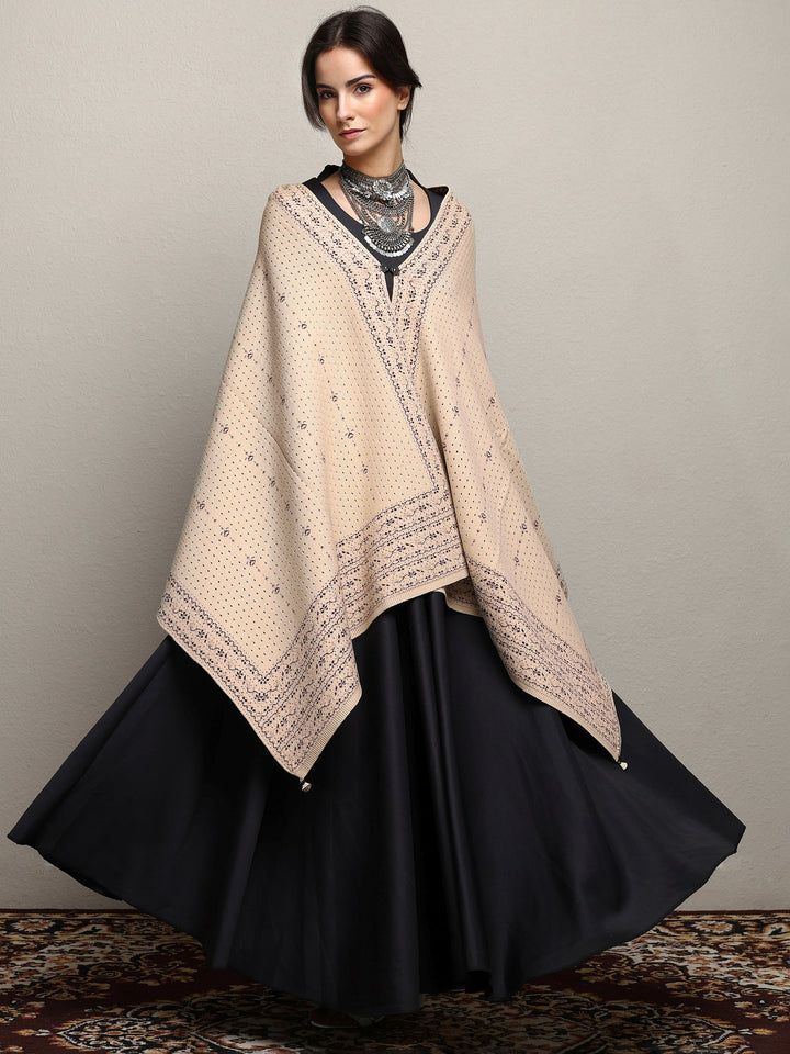 Beige Woven Design Wool Wrap Shawl 