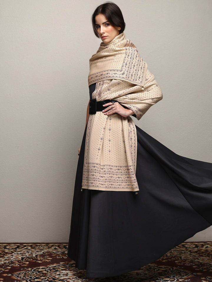 Beige Woven Design Wool Wrap Shawl 