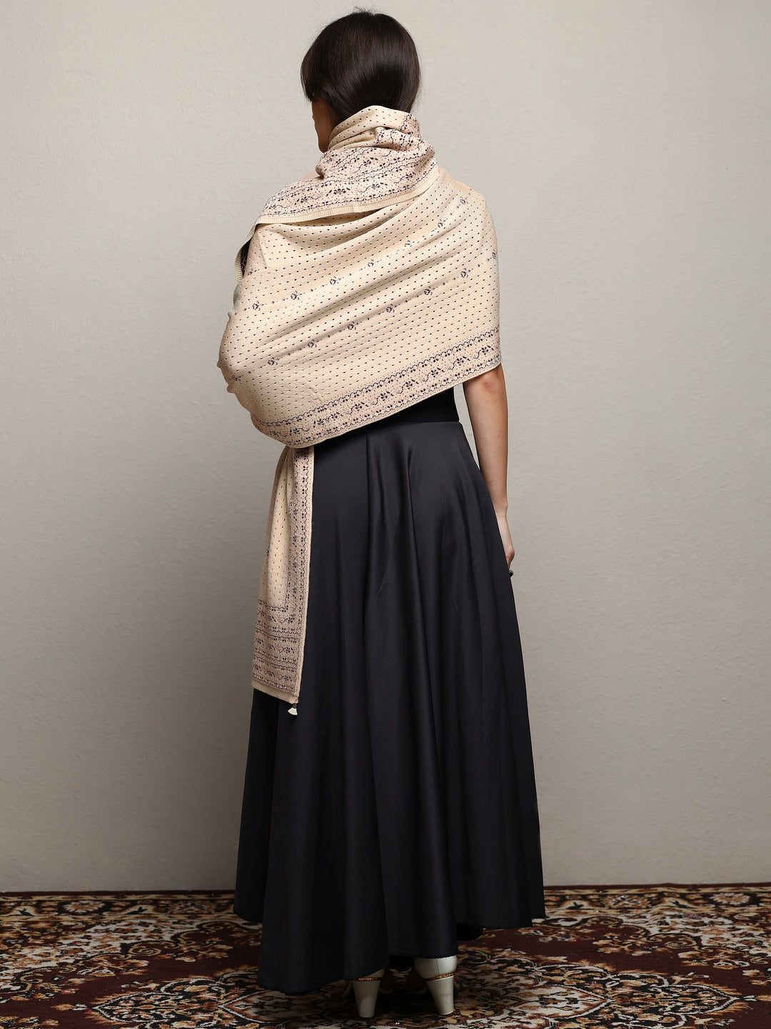 Beige Woven Design Wool Wrap Shawl 