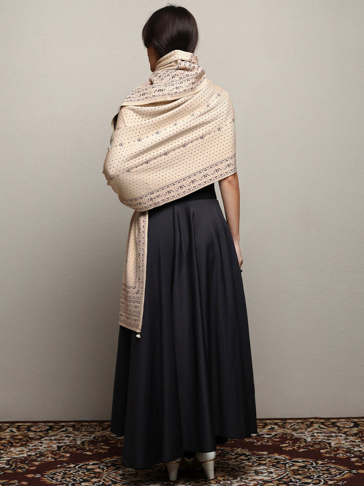 Beige Woven Design Wool Wrap Shawl 