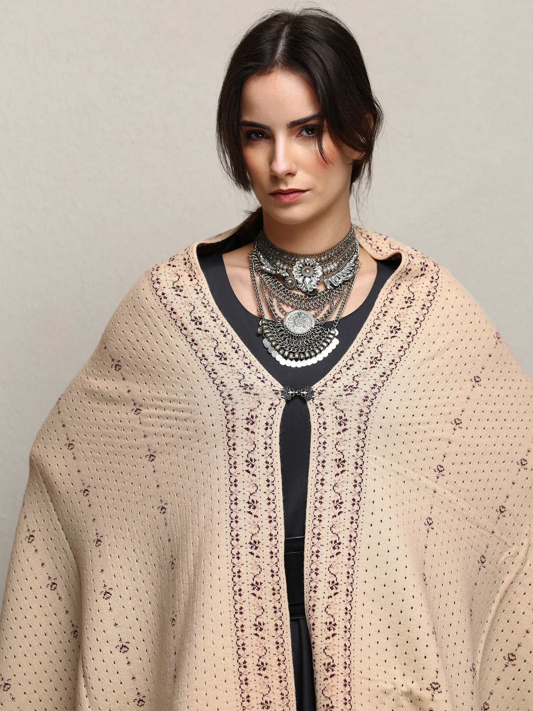 Beige Woven Design Wool Wrap Shawl 