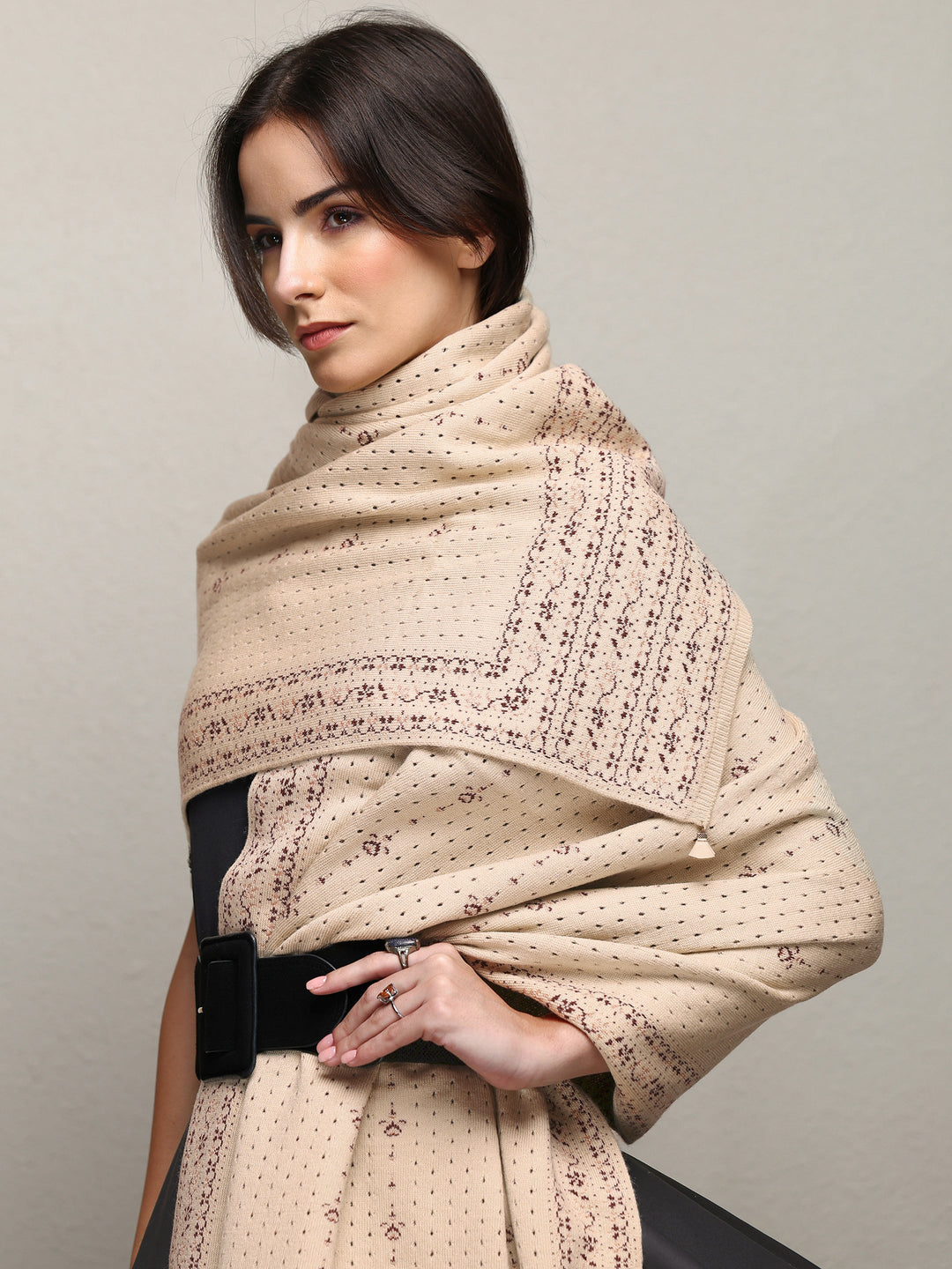 Beige Woven Design Wool Wrap Shawl 