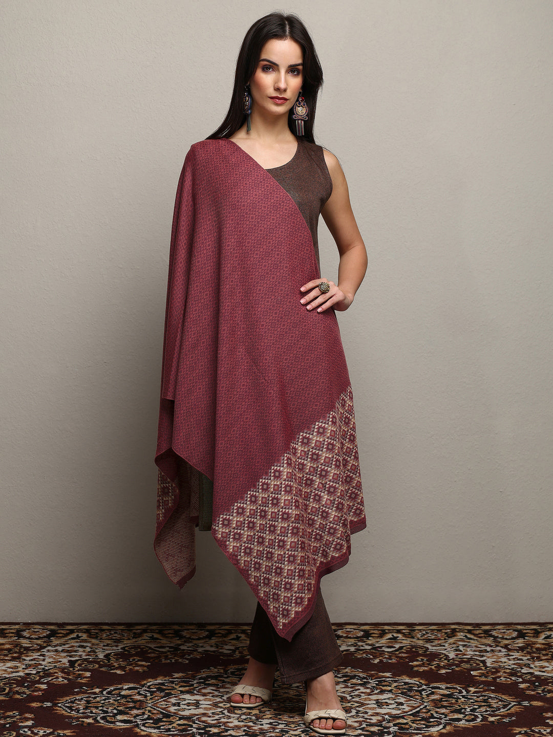Maroon Woven Design Wool Women'S Shawl