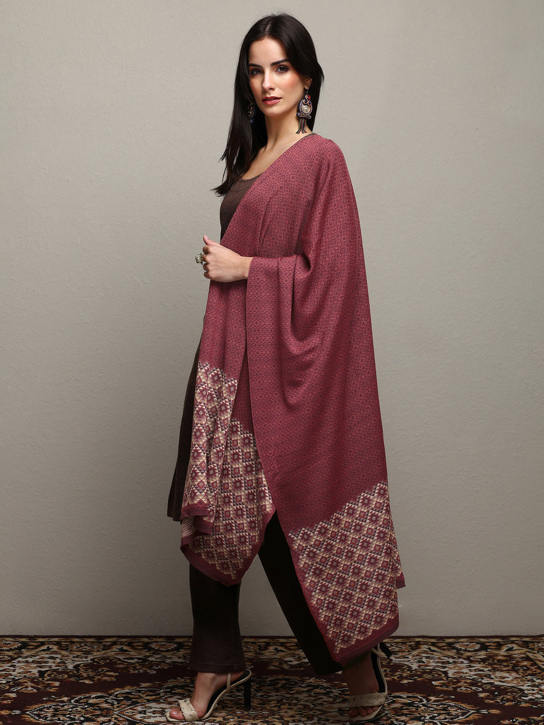 Maroon Woven Design Wool Women'S Shawl