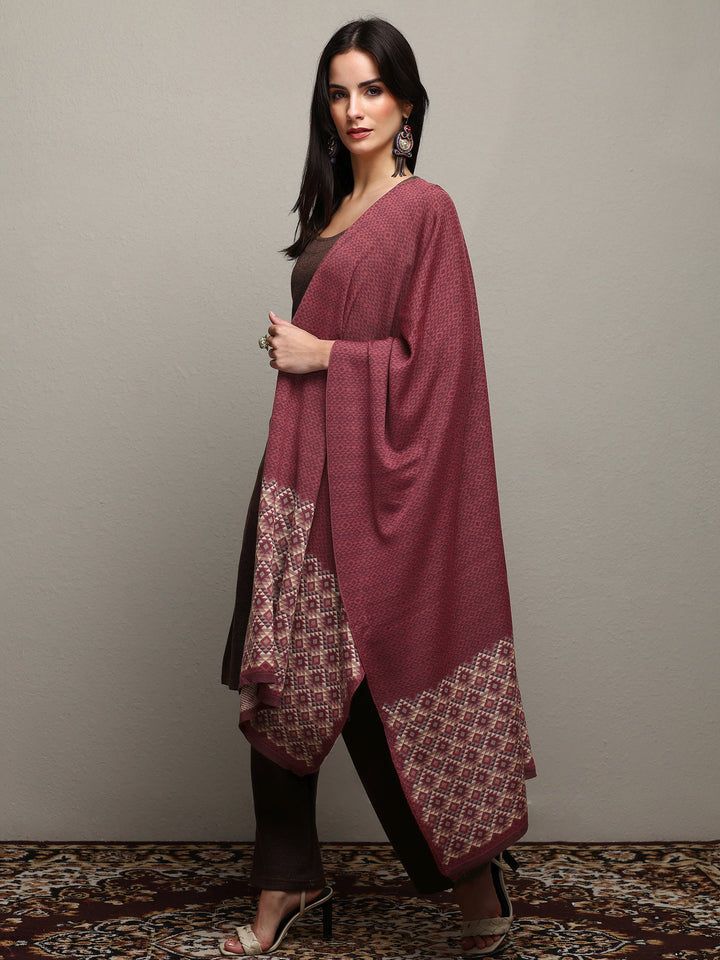 Maroon Woven Design Wool Women'S Shawl