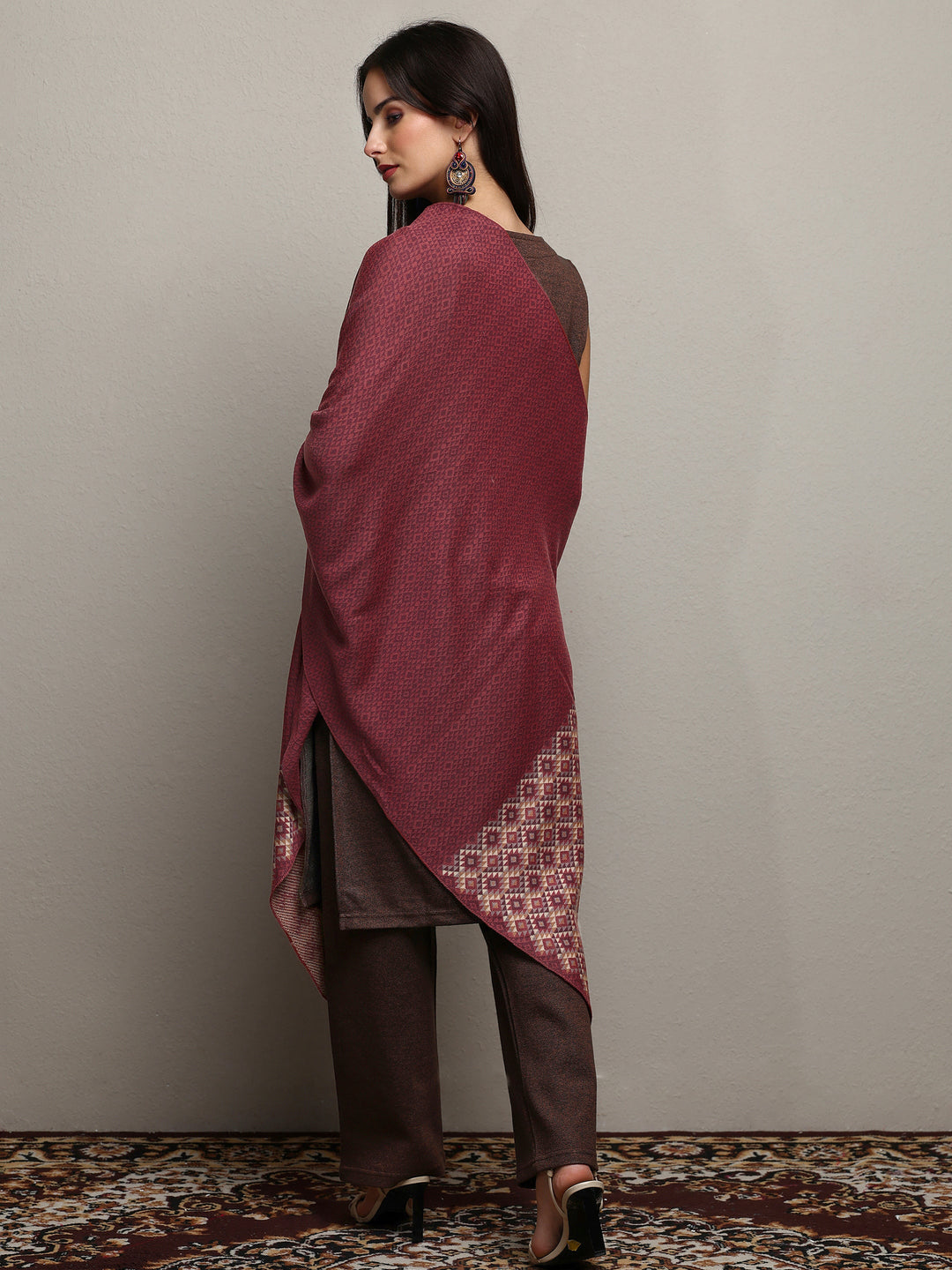 Maroon Woven Design Wool Women'S Shawl