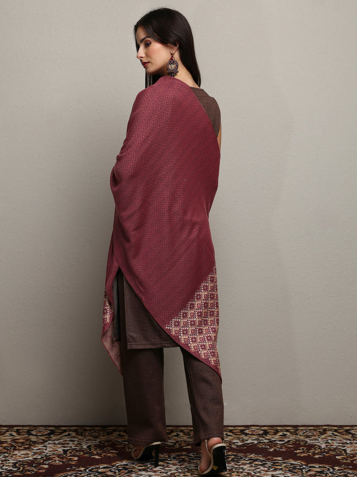 Maroon Woven Design Wool Women'S Shawl