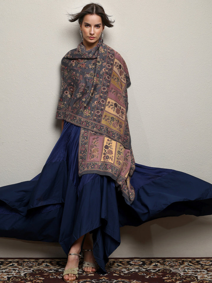 Grey Woven Design Wool Women'S Shawl