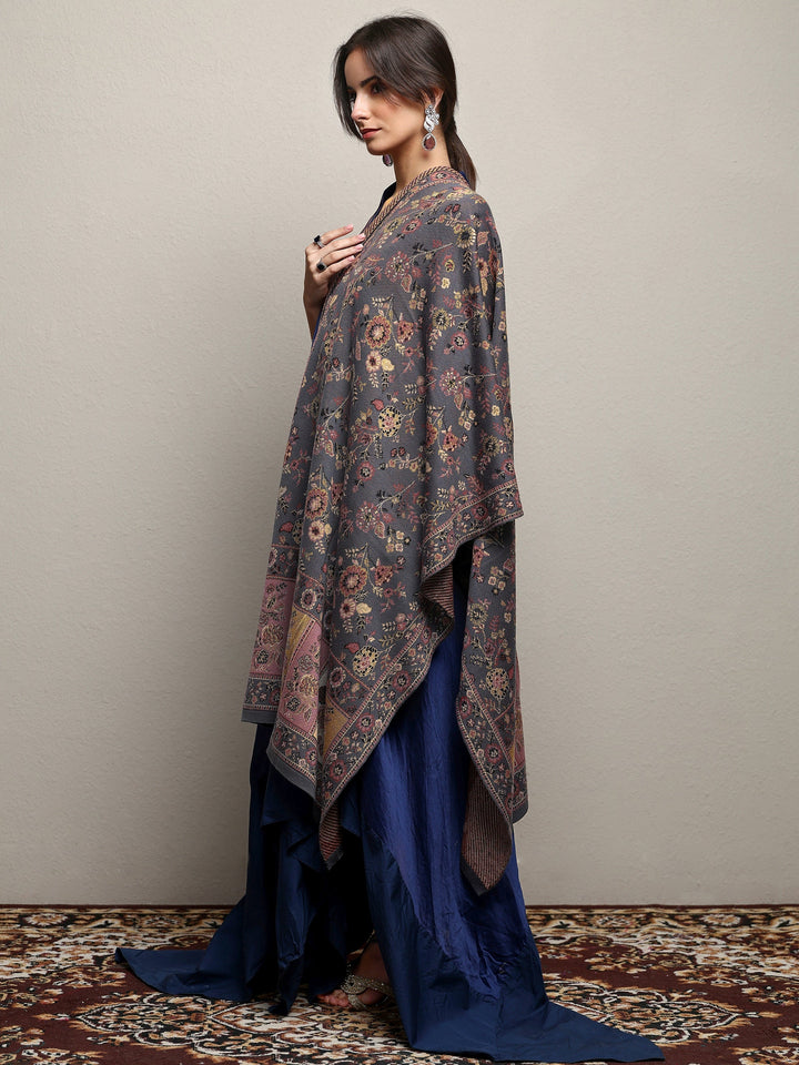 Grey Woven Design Wool Women'S Shawl
