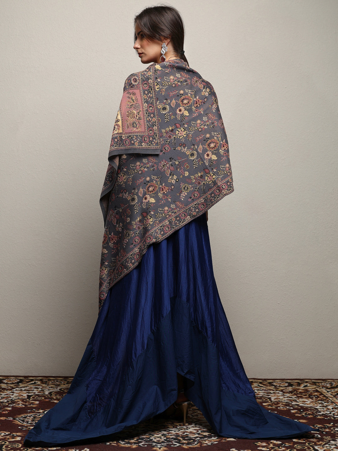 Grey Woven Design Wool Women'S Shawl