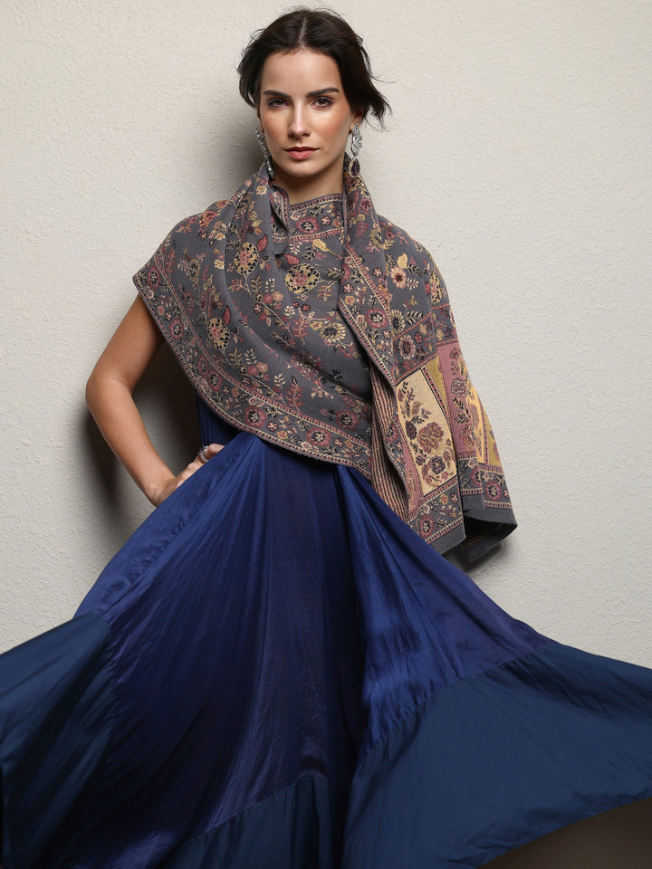 Grey Woven Design Wool Women'S Shawl