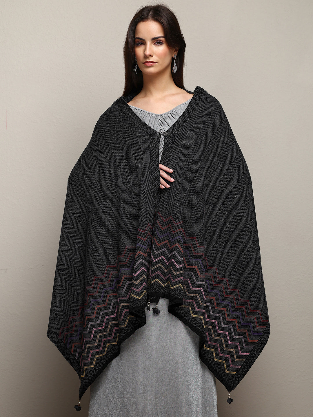 Black Woven Design Wool Wrap Shawl 