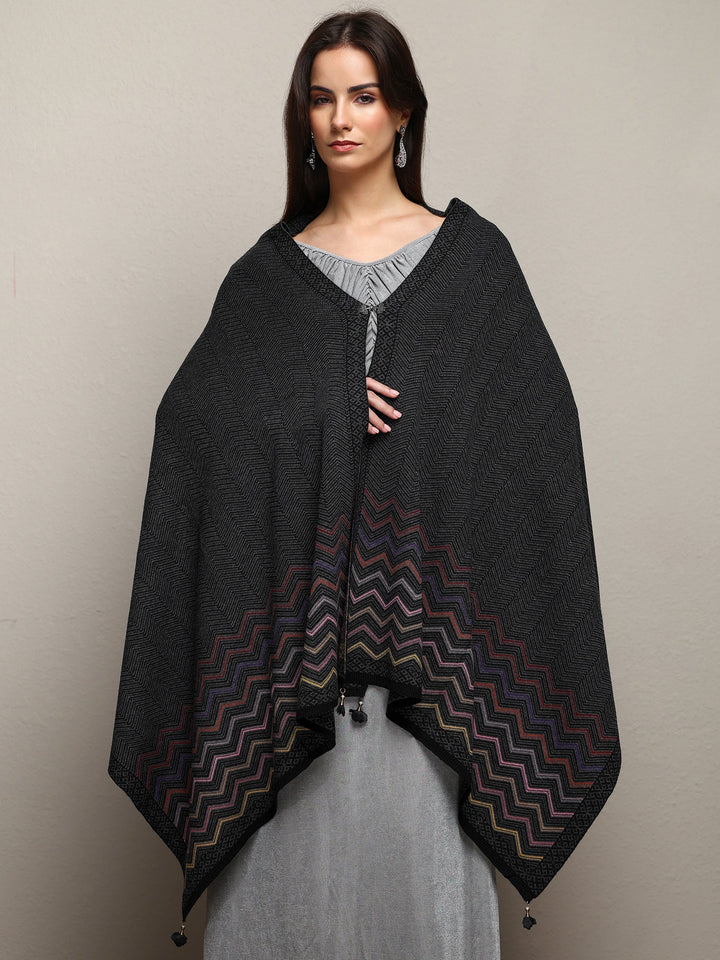 Black Woven Design Wool Wrap Shawl 