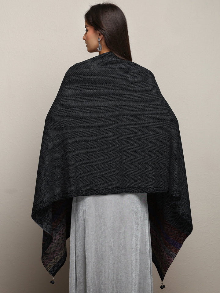 Black Woven Design Wool Wrap Shawl 