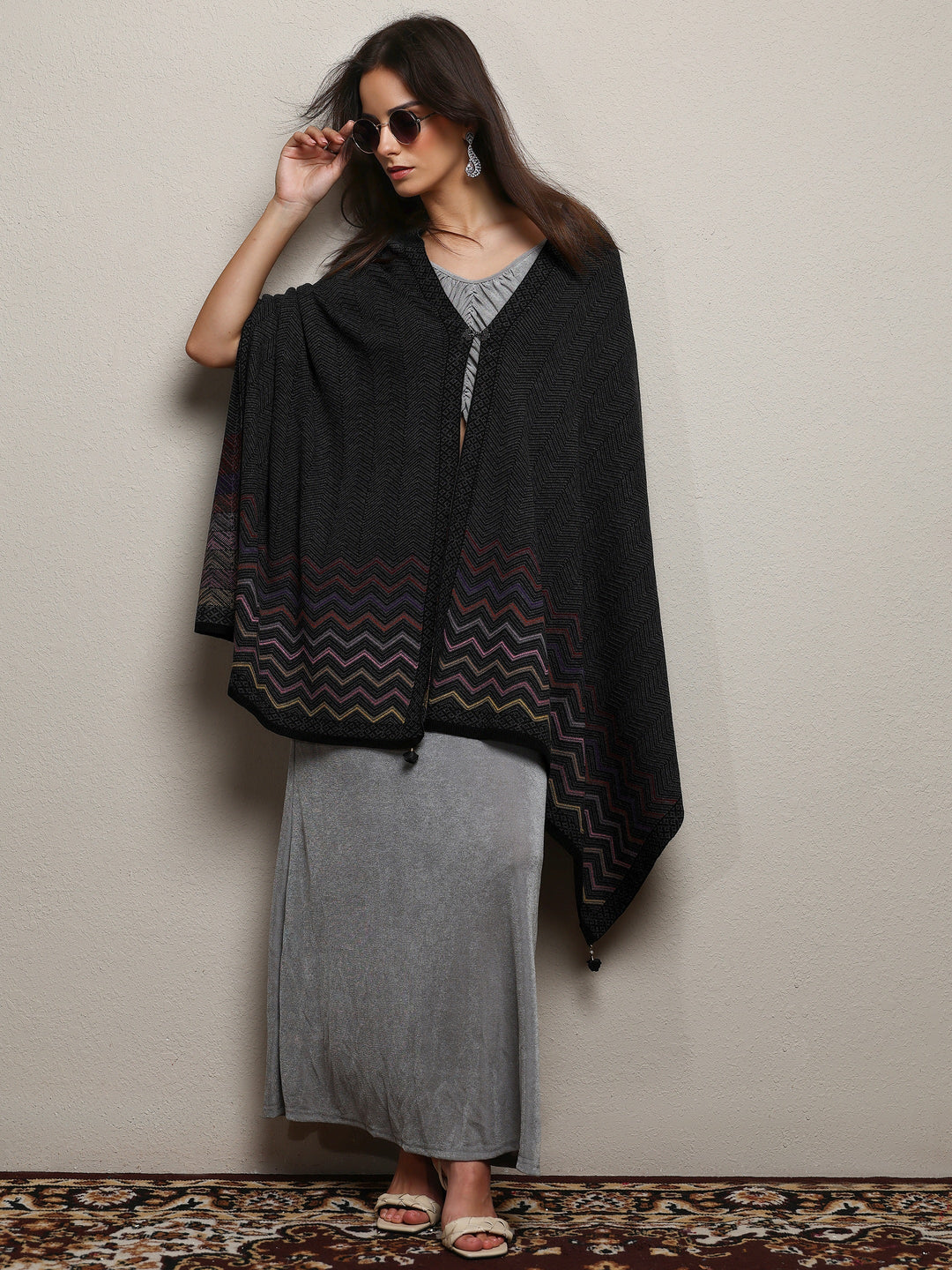 Black Woven Design Wool Wrap Shawl 
