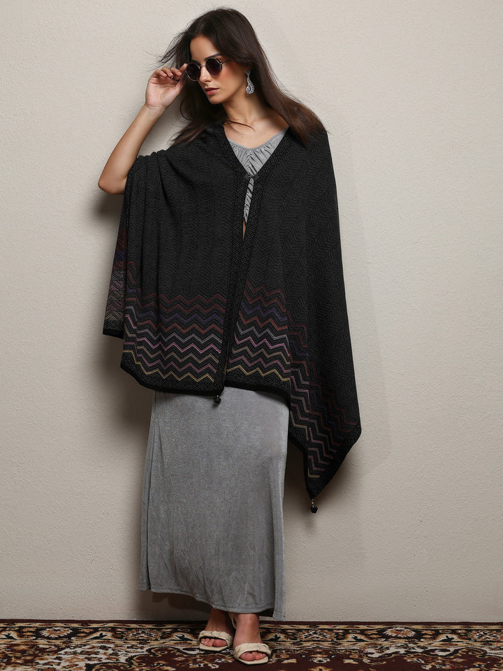 Black Woven Design Wool Wrap Shawl 