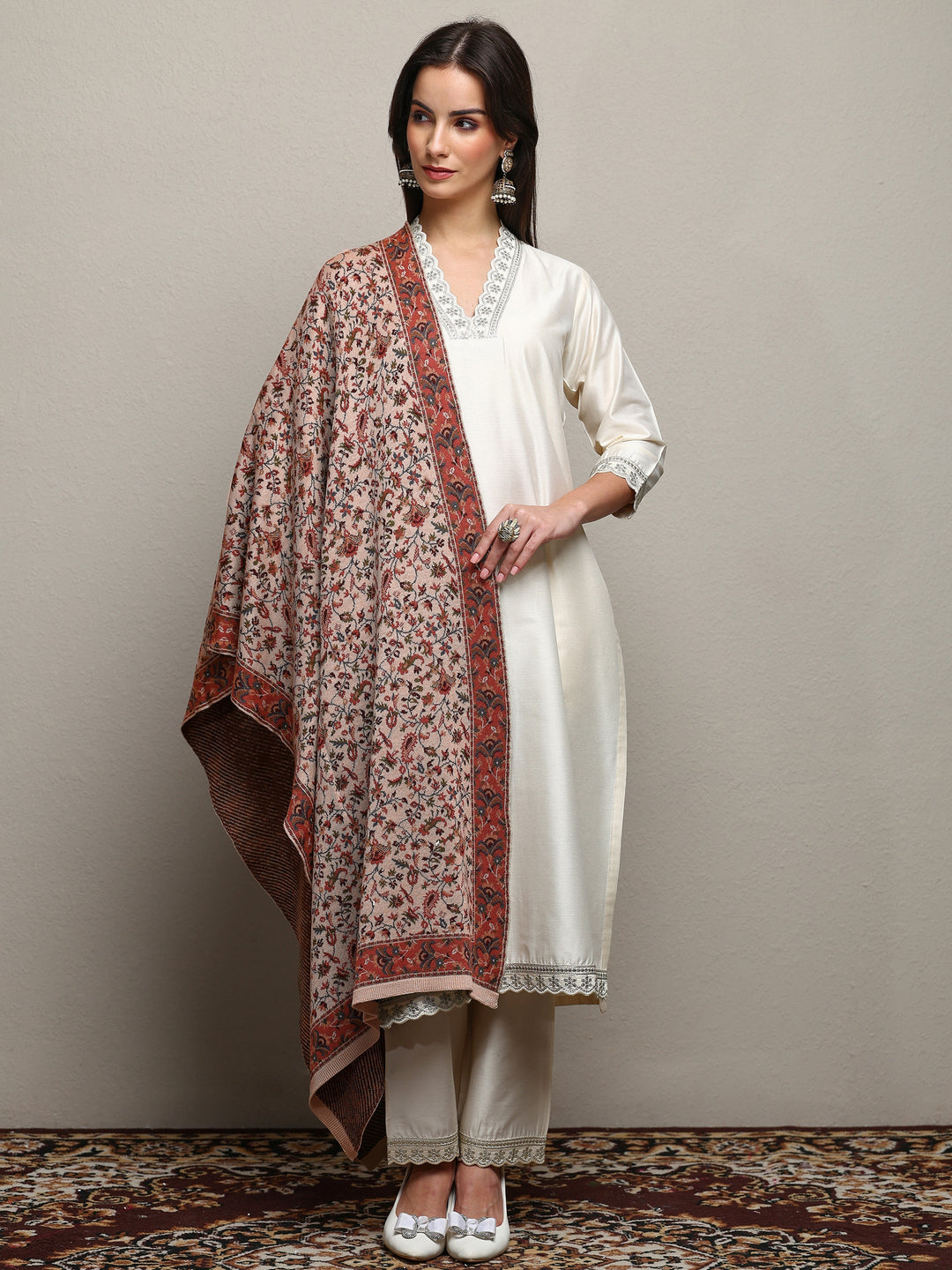 Beige Woven Design Wool Women'S Shawl