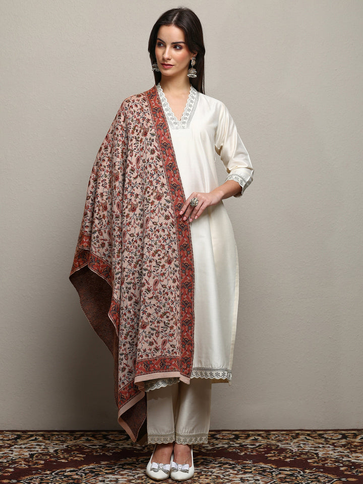 Beige Woven Design Wool Women'S Shawl