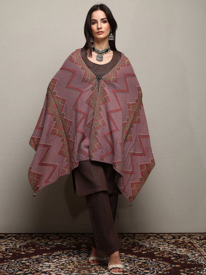 Mauve Woven Design Wool Wrap Shawl 