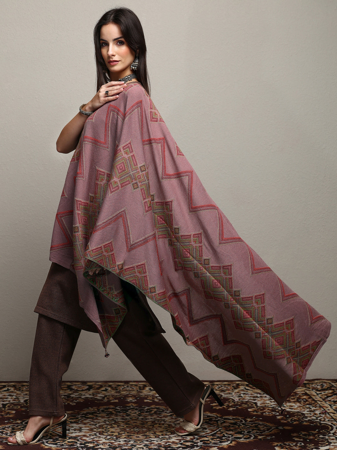 Mauve Woven Design Wool Wrap Shawl 