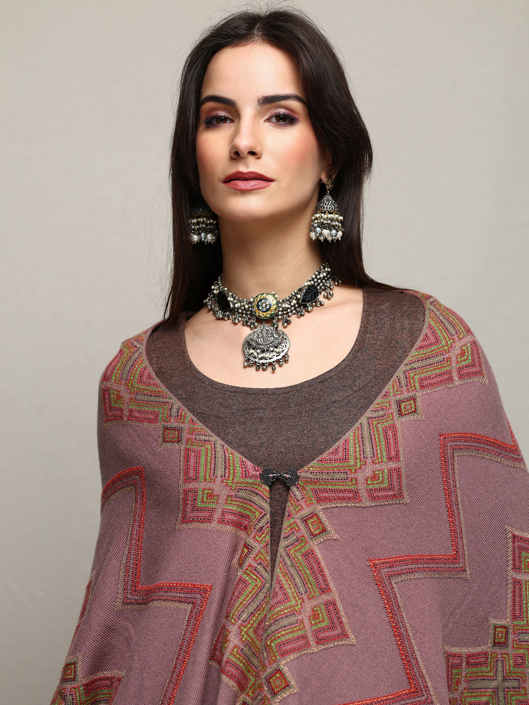 Mauve Woven Design Wool Wrap Shawl 